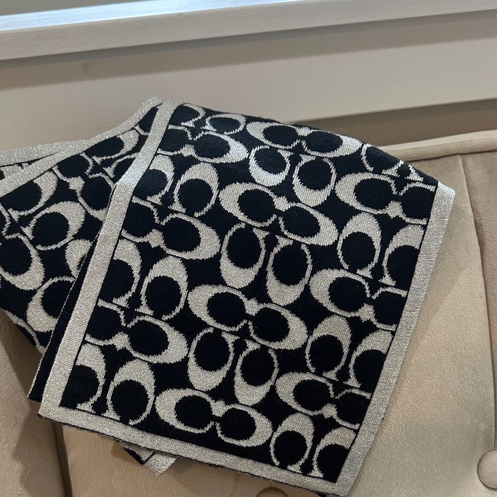 Coach Black and Silver Logo Jacquard Scarf